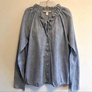 Loft Blue & White Tie Front Button Down Top